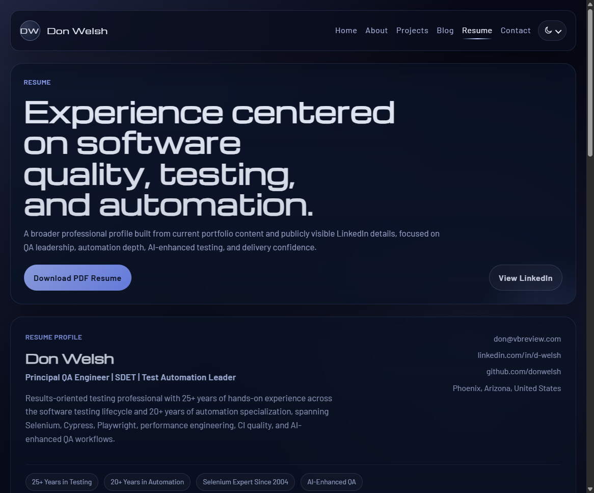 vbreview.com resume page showing the resume hero, summary content, and supporting profile details.